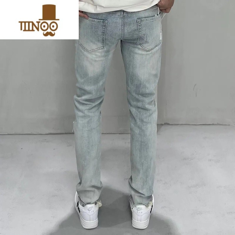 YANXU高端牛仔裤男破洞2022夏季新款韩版修身小脚时尚百搭微弹牛仔长牛高清大图