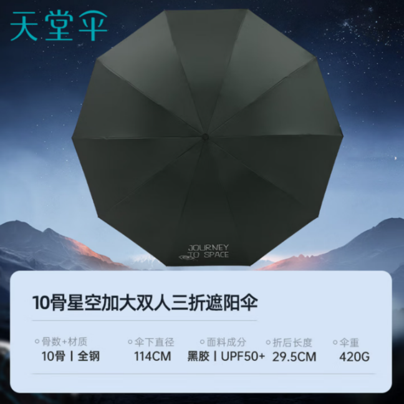 天堂双人晴雨伞三折太阳伞三折10k钢骨玻纤彩胶防晒手动伞下114cm秘境绿高清大图