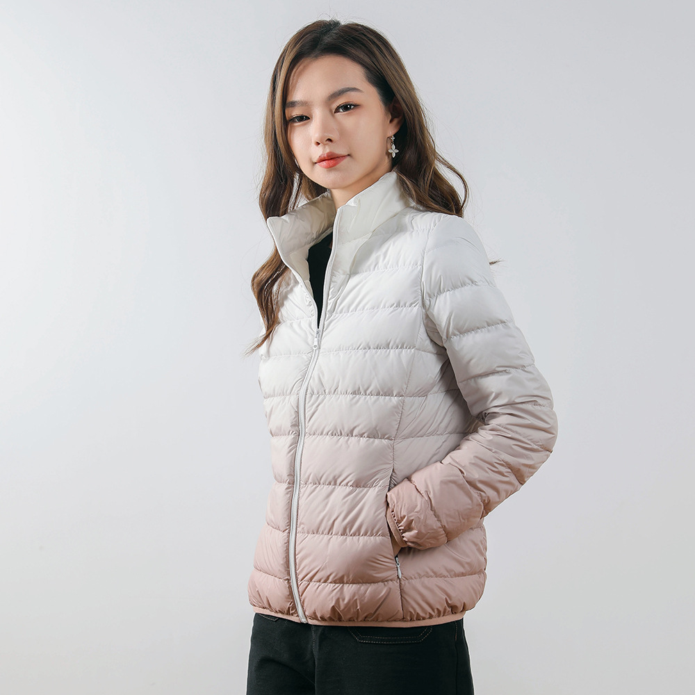 女装秋冬新款90绒轻薄羽绒服女款女式立领渐变色撞色外套_273131高清大图