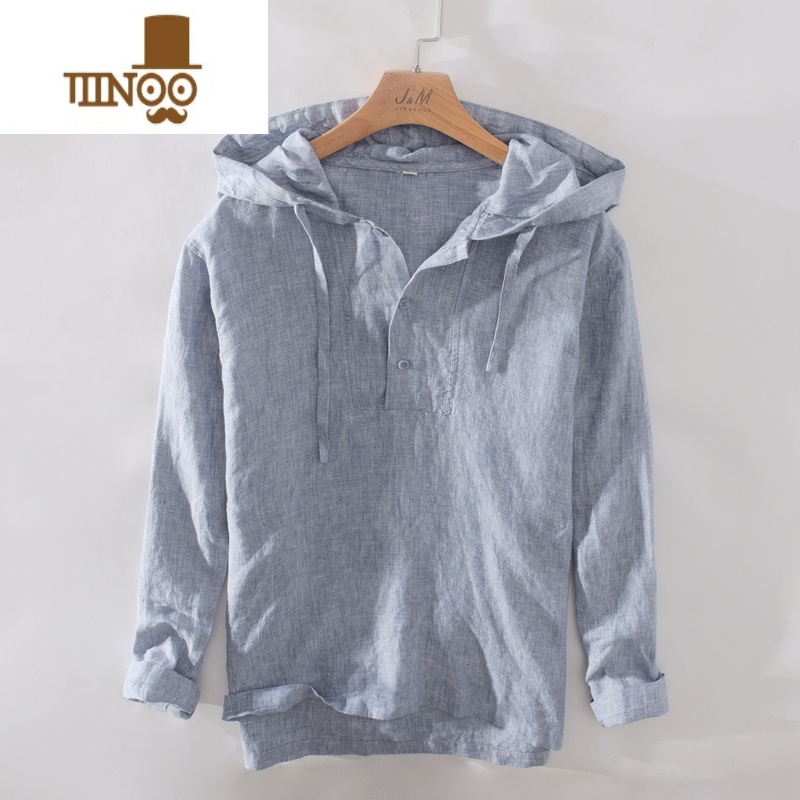 YANXU极麻日系清新连帽百搭薄款亚麻卫衣男士休闲宽松透气棉麻上衣外套高清大图