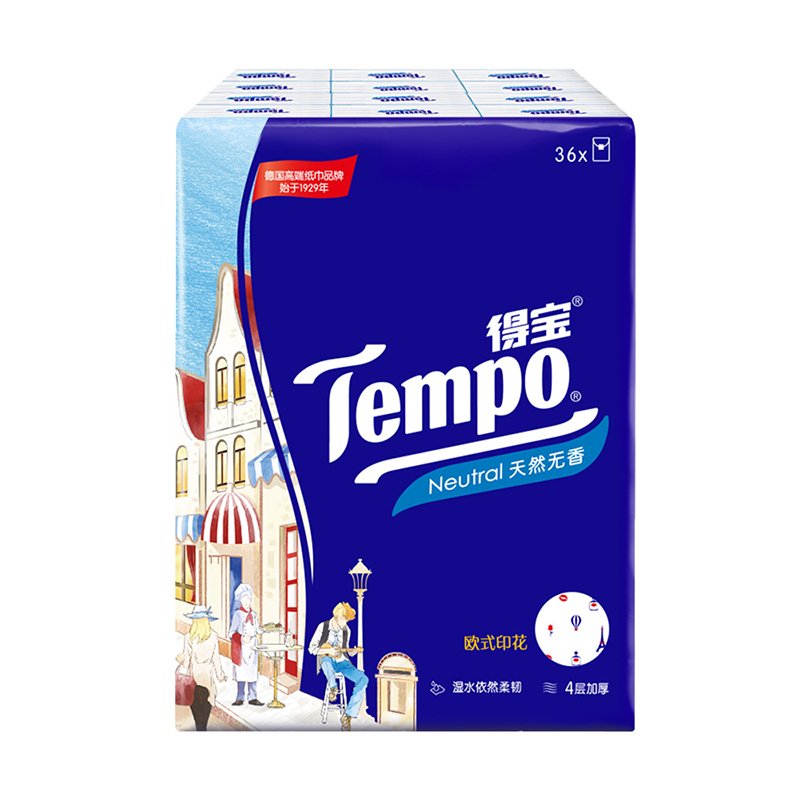 得宝(Tempo) 手帕纸 迷你印花 4层7张*36包(欧式印花图案)