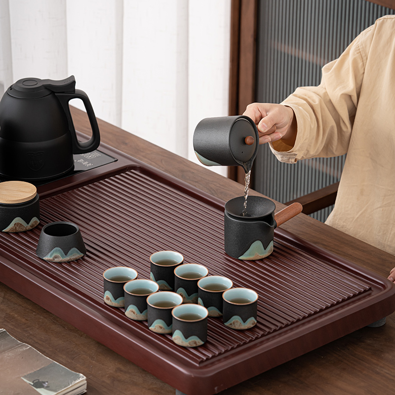 苏氏陶瓷(SUSHI CERAMICS)茶具套装电木色款自动烧水壶一体配整套国潮风釉画彩千里江山茶杯