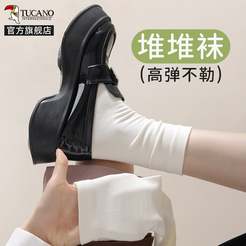 啄木鸟堆堆袜子女士中筒袜夏季薄款纯色棉袜无骨月子袜黑白色长筒袜夏木高清大图