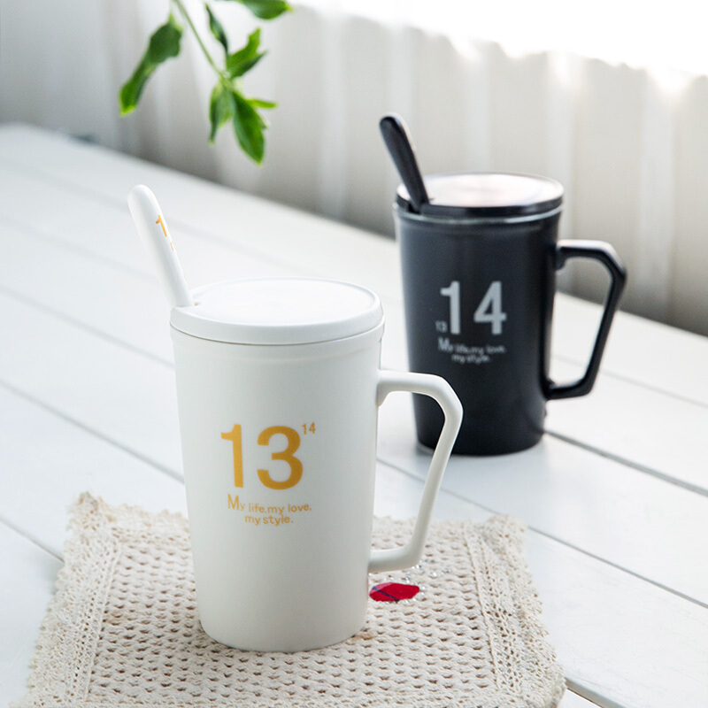 瓷魂 创意陶瓷杯子情侣水杯咖啡杯带盖带勺马克杯牛奶杯 1314白色