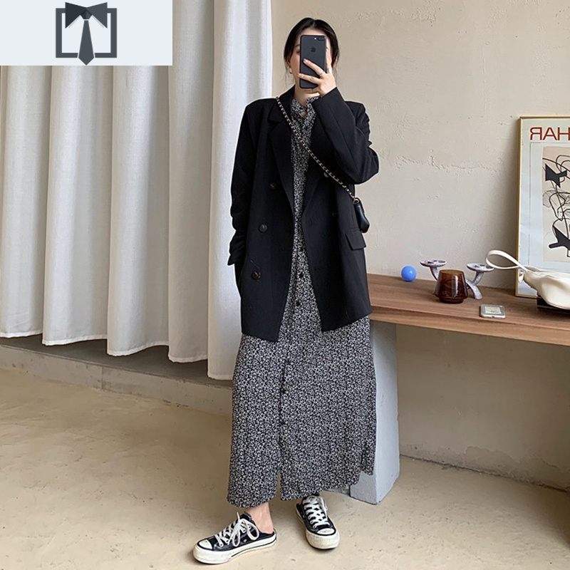 SUNTEK黑色小西装外套女2020秋季新款韩版英伦风西服上衣设计感小众网红外套短外套