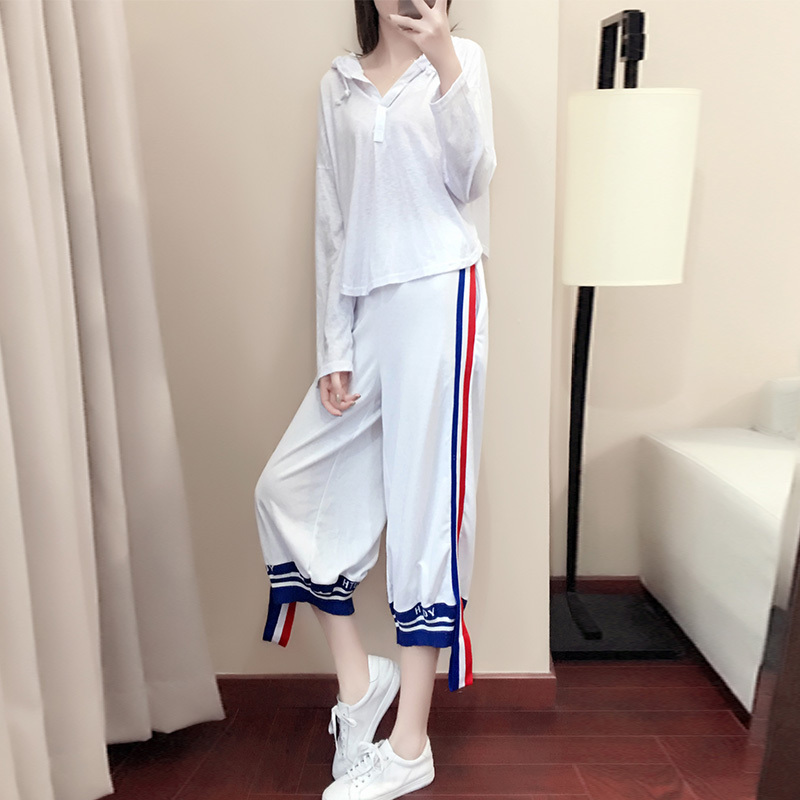 2018套装女新款韩版休闲服时尚宽松侧边条纹春秋卫衣阔腿裤两件套
