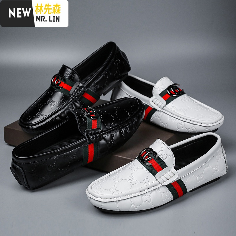 林先森2021春季透气男士皮豆豆鞋潮流青年懒人韩版百搭休闲男鞋休闲鞋