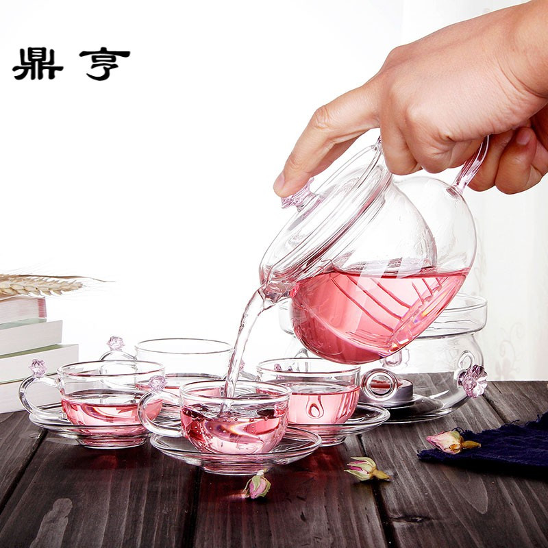 鼎亨 耐热玻璃茶具整套花茶具 套装茶壶茶杯 花语香壶6件组