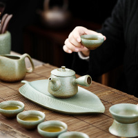 青石釉侧把壶泡茶器日式茶盘功夫茶具套装陶瓷干泡家用茶杯 青石侧把壶干泡10头(小叶盘)