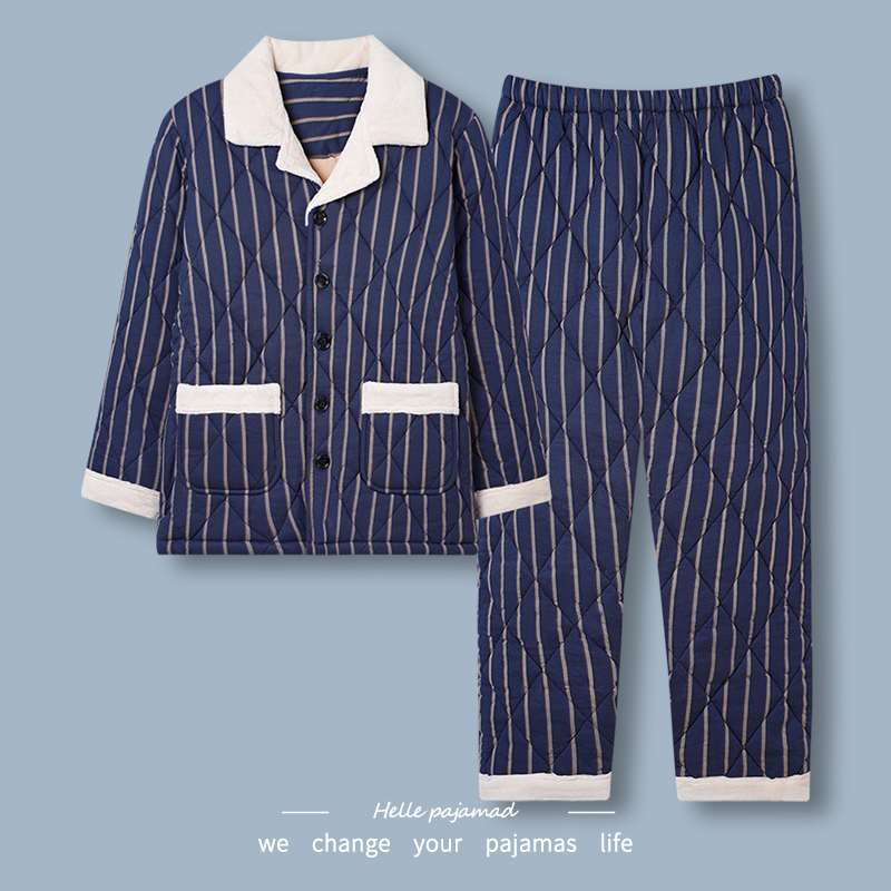 浪莎睡衣男士冬季纯棉针织夹棉袄三层加厚保暖全棉开衫家居服套装