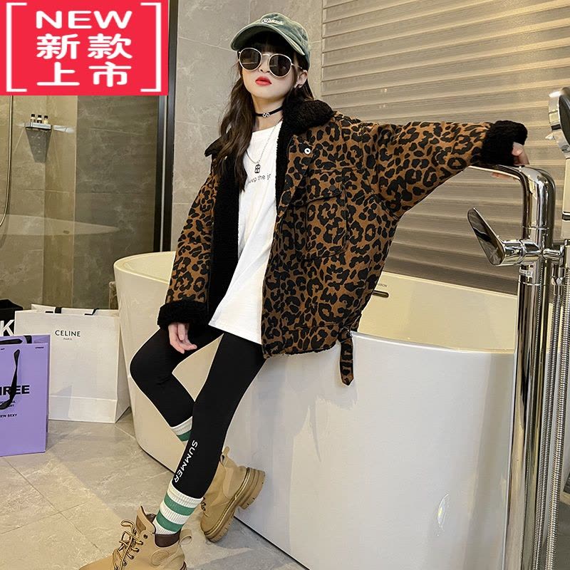 可莉允女大童秋冬外套2022新款网红炸街时髦保暖棉服豹纹女童厚款派克服图片