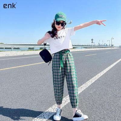 ENK女童两件套2022新款儿童洋气夏季中大童薄款短袖格子裤两件套