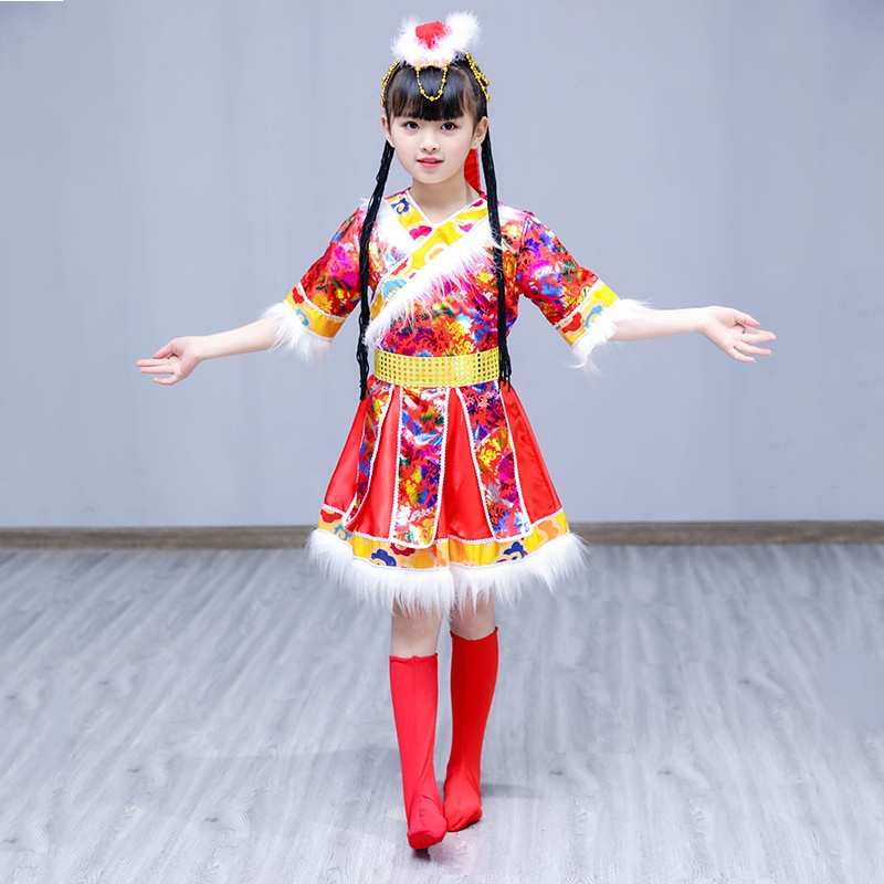 女红短袖110cm儿童藏族舞蹈演出服装女童少儿西藏少数民族表演服饰