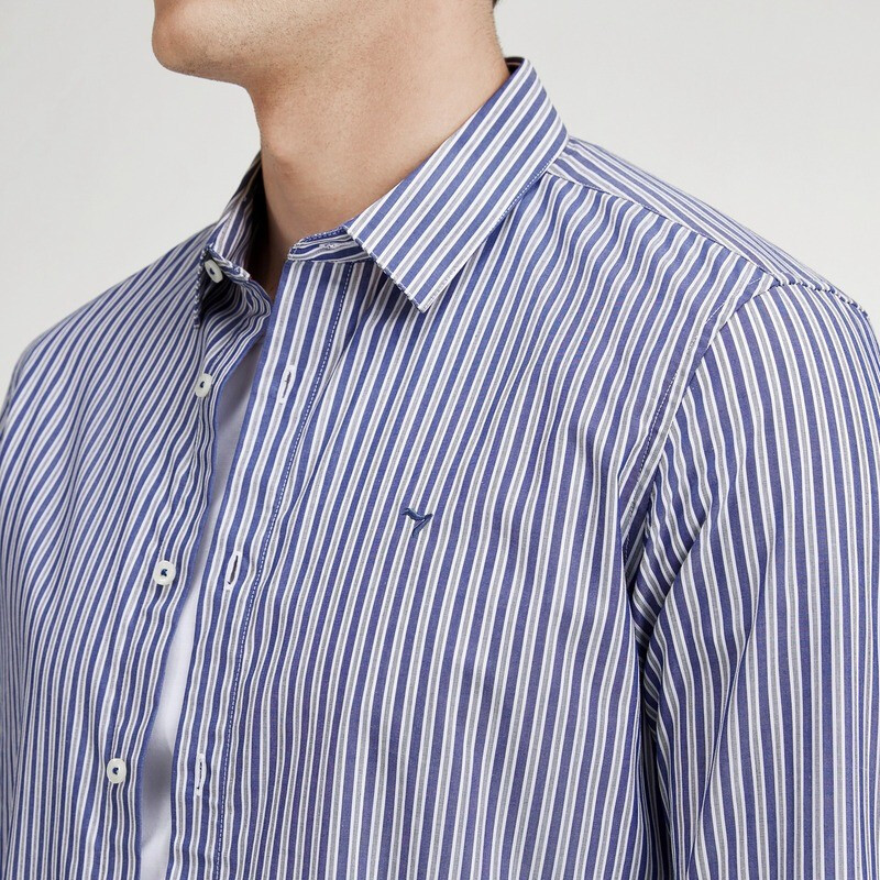 纯棉柒牌男装长袖衬衫男商务青年休闲百搭条纹宝蓝衬衣122ja70770