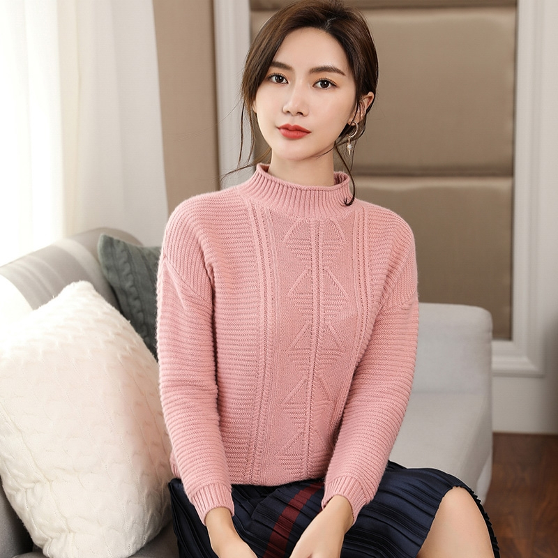 2018秋冬半高领卷边麦穗提花针织羊绒衫女修身加厚打底衫毛衣
