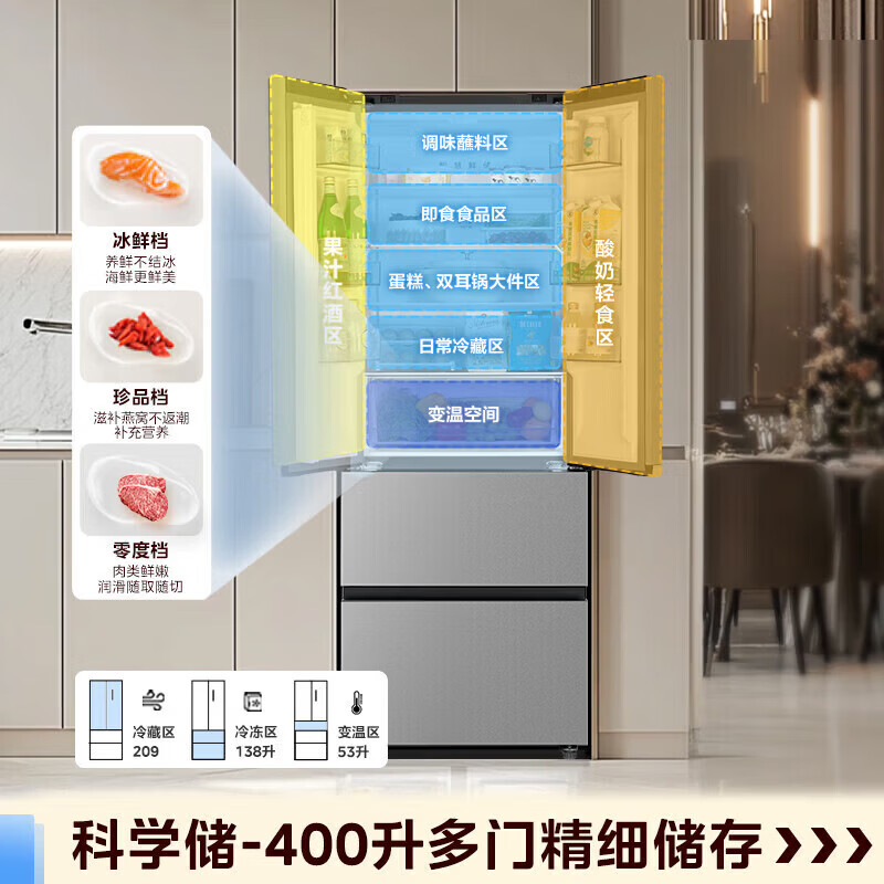 美的 418法式四开门冰箱超薄零嵌入式小户型400升新一级能效风冷无霜节能变频家用冰箱 MR-418WUFPE钛钢灰高清大图