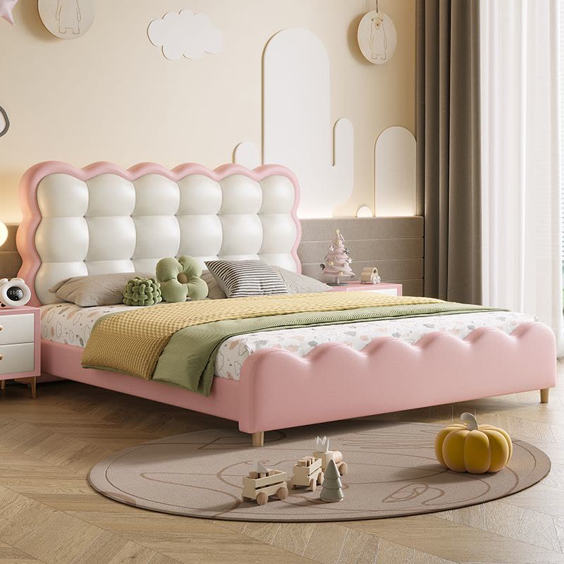 女孩公主床皇冠皮艺床1.5米粉色云朵少女学生单双人实木床图片