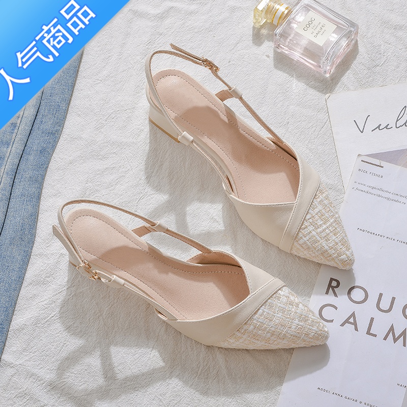 SUNTEK低跟单鞋女2023年夏季新款一字扣带后空凉鞋包头3cm高跟鞋女 粗跟高清大图