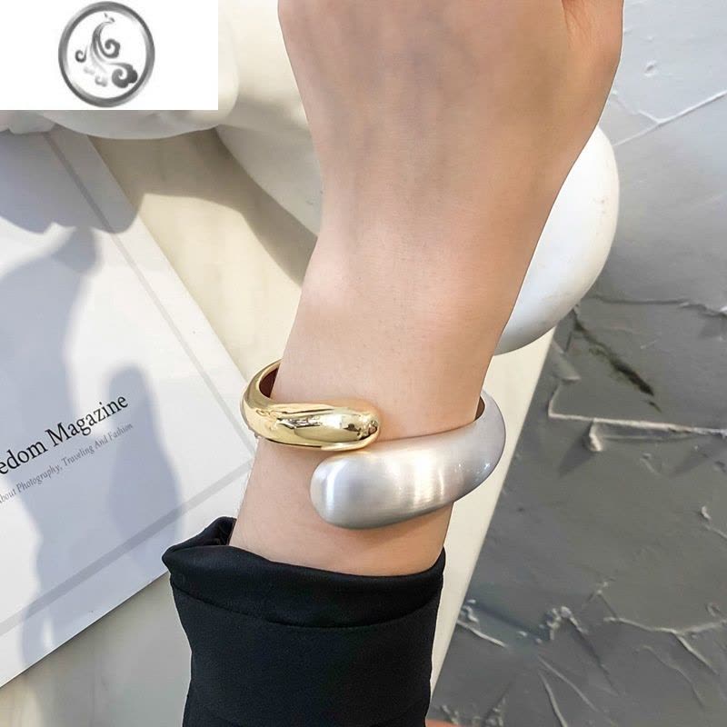 JiMi新款欧美流行简约冷淡风双头双色拼接开口合金弹簧宽手镯女配饰品图片