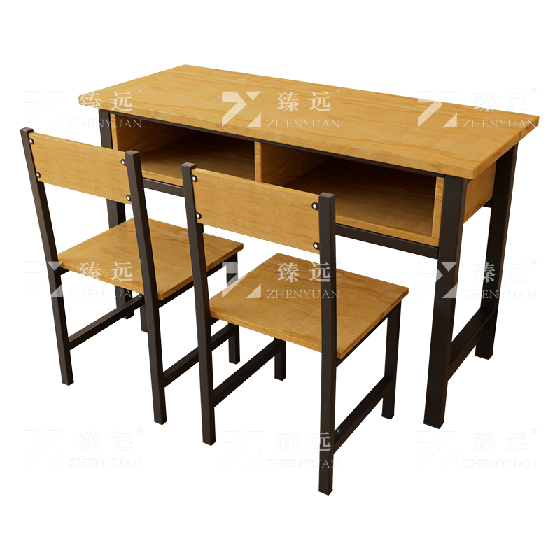 臻远ZY4082146 学生课桌椅双层带抽屉培训班学习桌学校辅导班教室双人桌 胡桃色含椅子+黑架1200*400*800