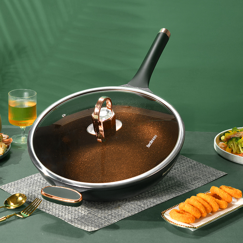新思特钻石系列-炒锅3406A麦饭石不粘锅炒菜锅家用煎炒一体锅燃气灶电磁炉通用