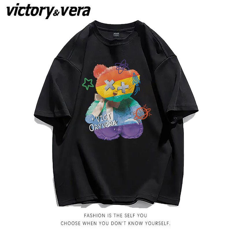 VICTORYVERA美式复古小熊短袖T恤女2022新款夏季宽松韩版百搭上衣