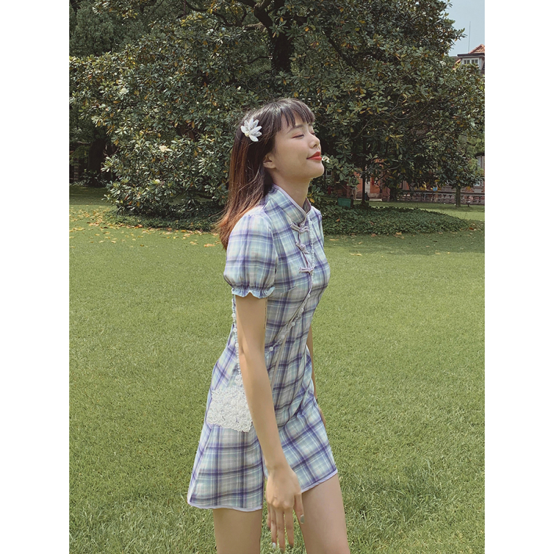 艳如飞日常可穿改良版紫色格子旗袍年轻款夏季中国风少女小个子连衣裙短连衣裙
