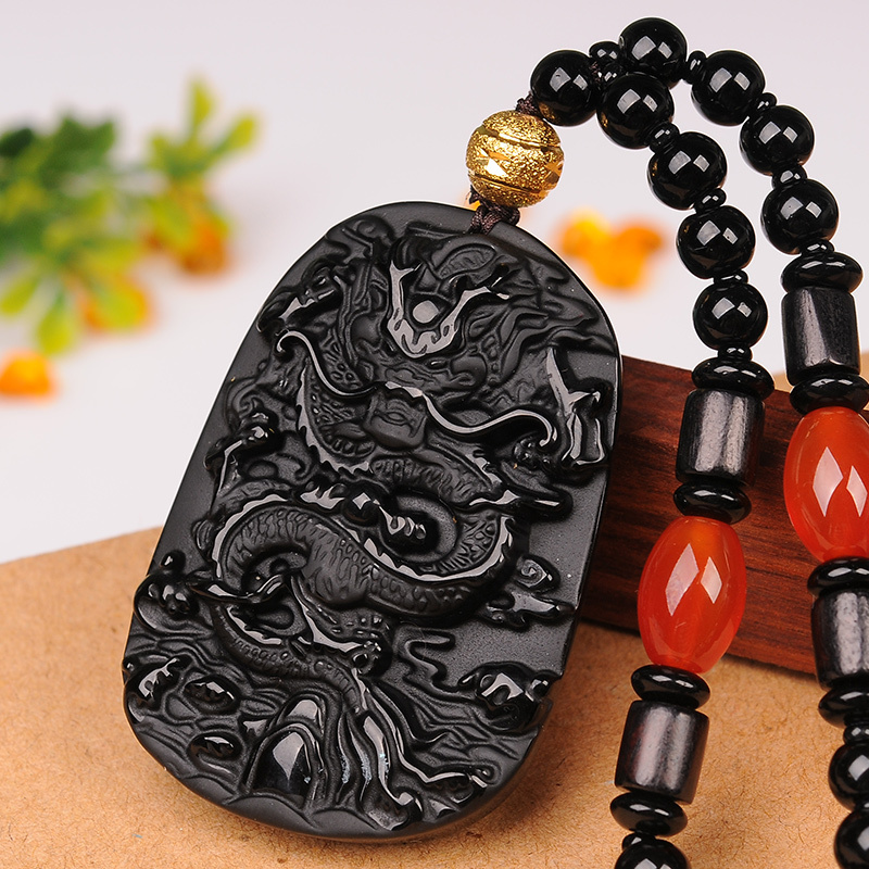 黑曜石龙牌坠男款生肖龙项链挂件黑耀岩坠饰品送女朋友七夕情人节礼物