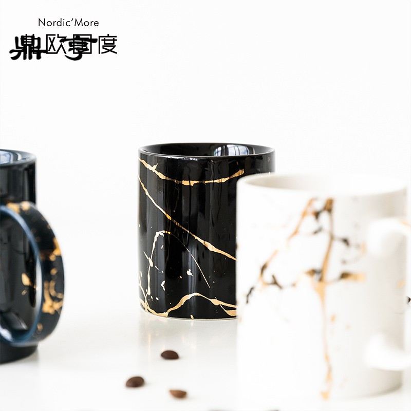 鼎亨陶瓷马克杯大理石纹描金茶杯办公室水杯咖啡杯牛奶燕麦杯