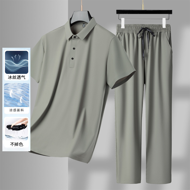 啄木鸟爸爸套装夏季薄款短袖弹力中年男装冰丝衣服休闲运动两件套高清大图
