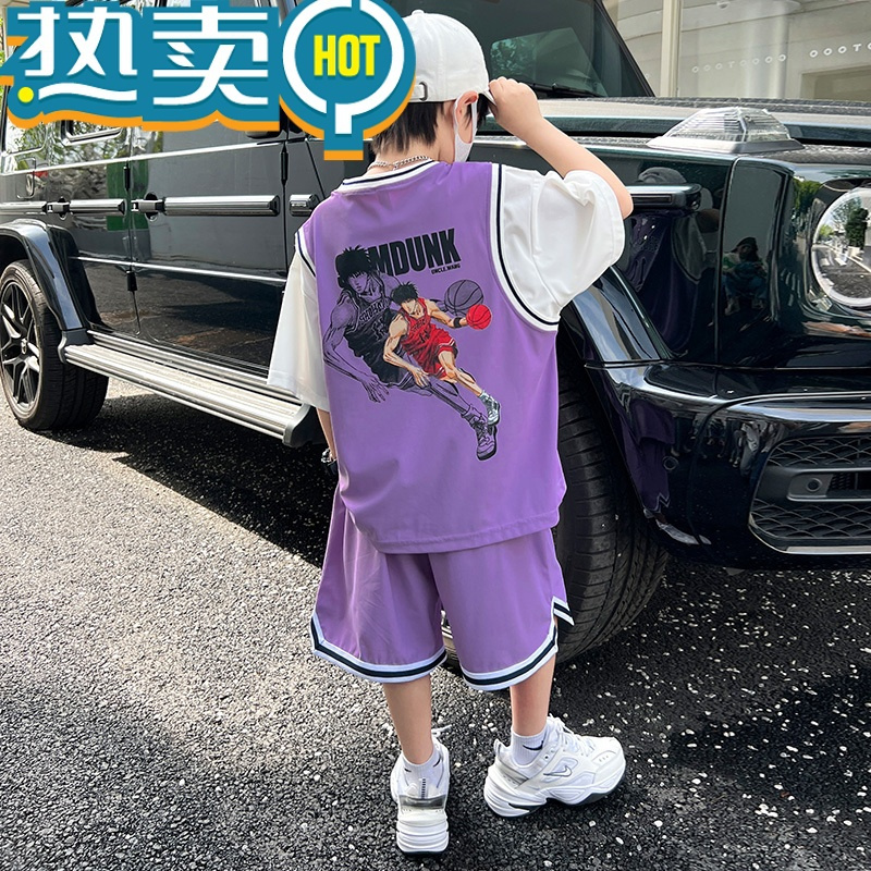 绿彩虹光男童夏装套装2023新款儿童夏季速干篮球服中大童夏款短袖球衣薄款