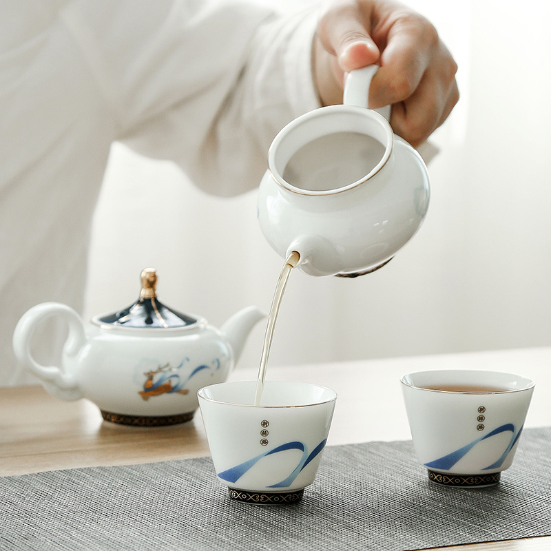 常生源 陶瓷功夫茶具套装 金边 白瓷 创意典雅 茶壶公杯茶漏茶叶罐茶杯整套 精美礼盒 丝路新语茶具套组