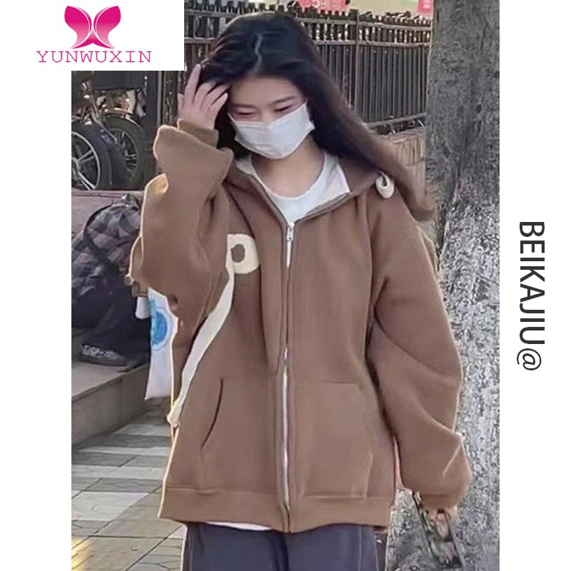 YUNWUXIN山东即墨正肩卫衣女新款茶歇系小个子中山工厂微胖mm显瘦外套