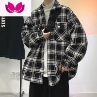 七斓轻熟风千鸟格毛呢工装外套男士百搭痞帅韩版青少年韩版潮少鸟斓流 2XL 黑色