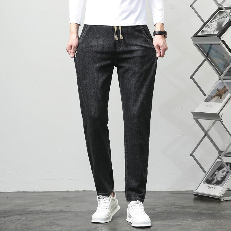 大码男装秋冬新款潮牌棉质弹力修身时尚加肥加大松紧腰男士牛仔裤高清大图