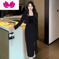 七斓西装套装女2023秋季新款高级感炸街短款西服外套开叉半身裙半 XL 黑色(收藏关注优先