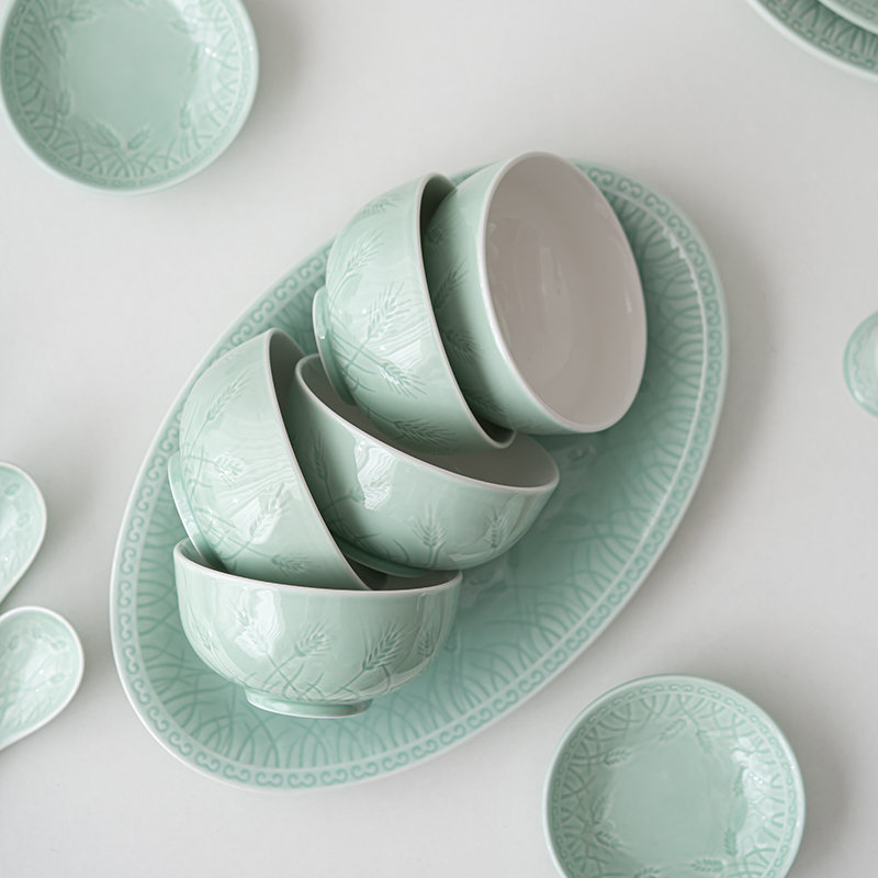 苏氏陶瓷(SUSHI CERAMICS)青瓷餐具套装浅绿釉五谷丰登陶瓷碗盘56头中餐具礼盒