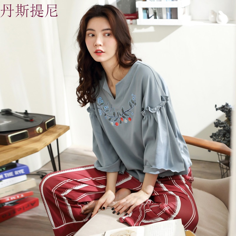 时尚睡衣女秋长袖2018新款春秋时尚纯棉两件套家居服套装韩版宽松