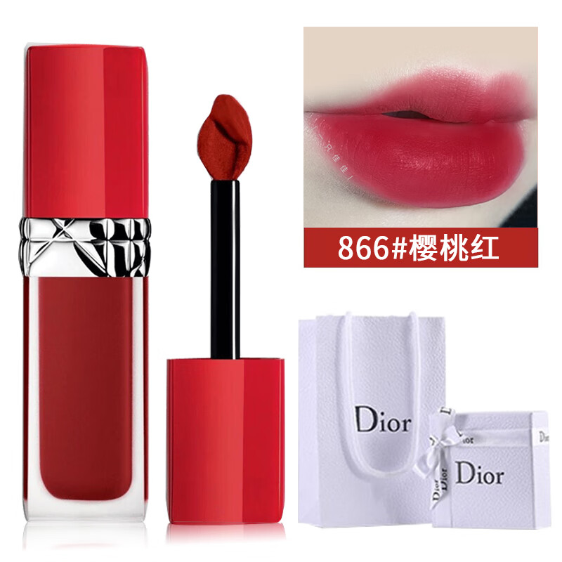 迪奥(Dior)烈焰蓝金持久哑光锁色黑管唇釉持妆口红 红管唇釉866 红苹果色