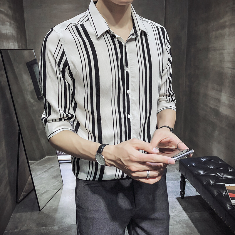 梵克公牛男士夏季流条纹衬衫帅气中袖衬衣牌打底衫七分袖衣服