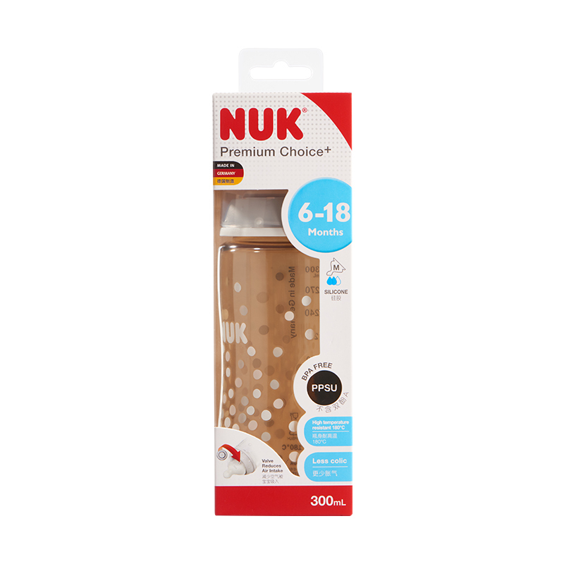 NUK300mL宽口PPSU彩色奶瓶圆点款(带成长型硅胶中圆孔奶嘴)6个月以上适用