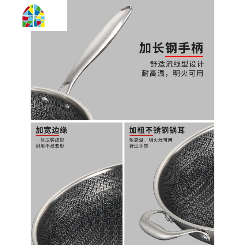 封后304不锈钢炒锅不粘锅炒菜圆底平底凹面电磁炉煤气灶加厚专用锅具 FENGH 圆底34规格(无盖)内径32cm外径33高清大图