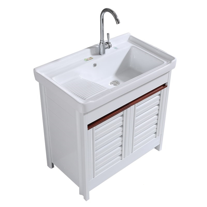 阳台冼衣池带搓衣板落地式台盆柜洗衣槽阳台盆水龙头简易浴室柜白色81