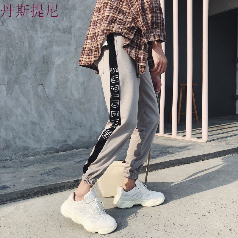 日系男士哈伦裤束脚裤休闲运动卫裤宽松小脚裤条纹9九分长裤子潮
