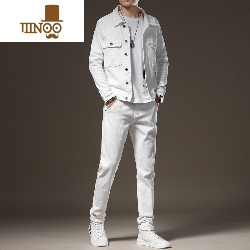 YANXU潮牌白色牛仔外套男休闲套装秋季男装一套搭配成熟牛仔套装男高清大图
