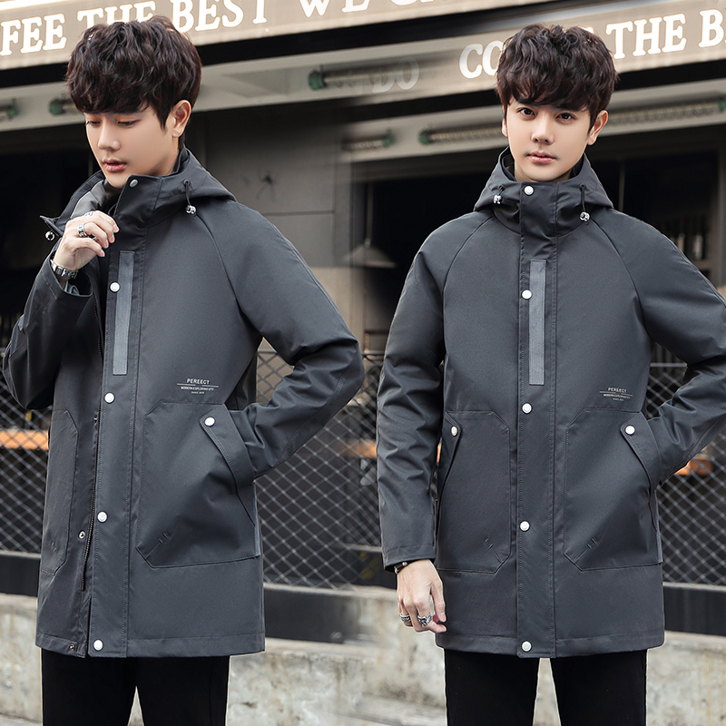 春秋新款薄款连帽中长款风衣大衣男韩版潮流修身帅气青年男士外套