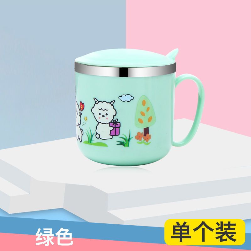 304不锈钢儿童水杯防烫防摔家用宝宝幼儿园学生喝水带盖卡通水杯 Sheeep抹茶绿[1支装]