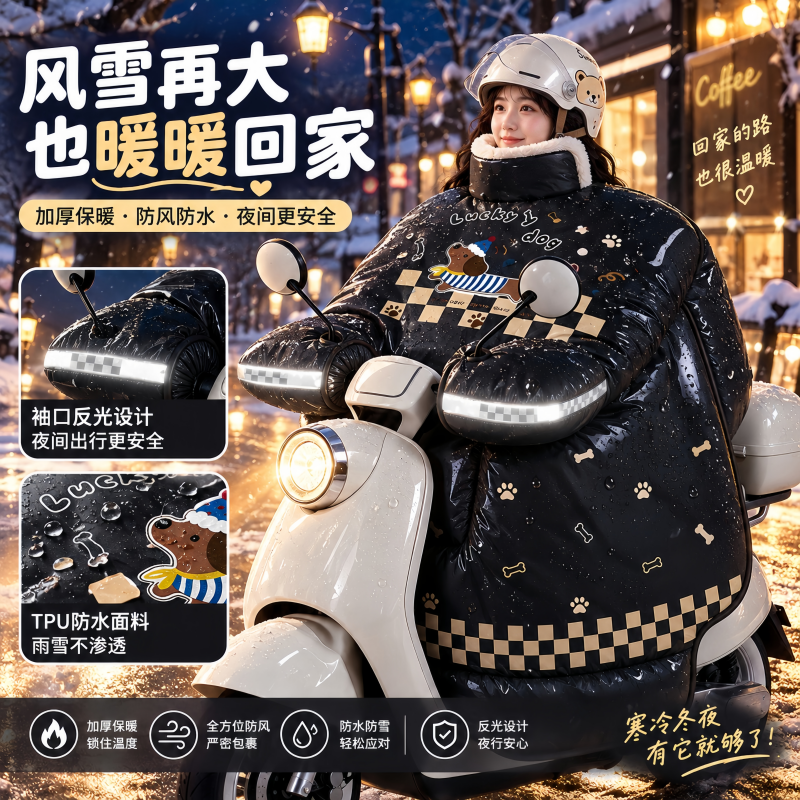 正雨电动车挡风被冬季加绒加厚电瓶摩托车防水四季防寒保暖防风罩9063高清大图