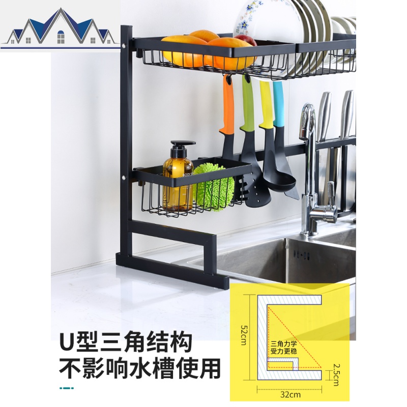 不锈钢水水池放碗架沥水碗架碟架厨具用品黑色收纳架厨房置物架 三维工匠高清大图