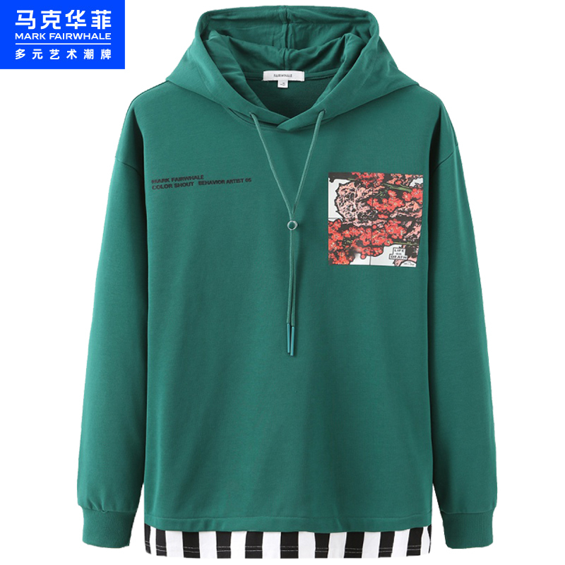马克华菲宽松卫衣男2022秋季新款潮流印花条纹假两件连帽外套